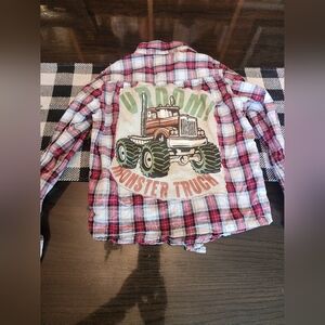 Upcycled Plaid Monster Truck Kids Shirt Size M